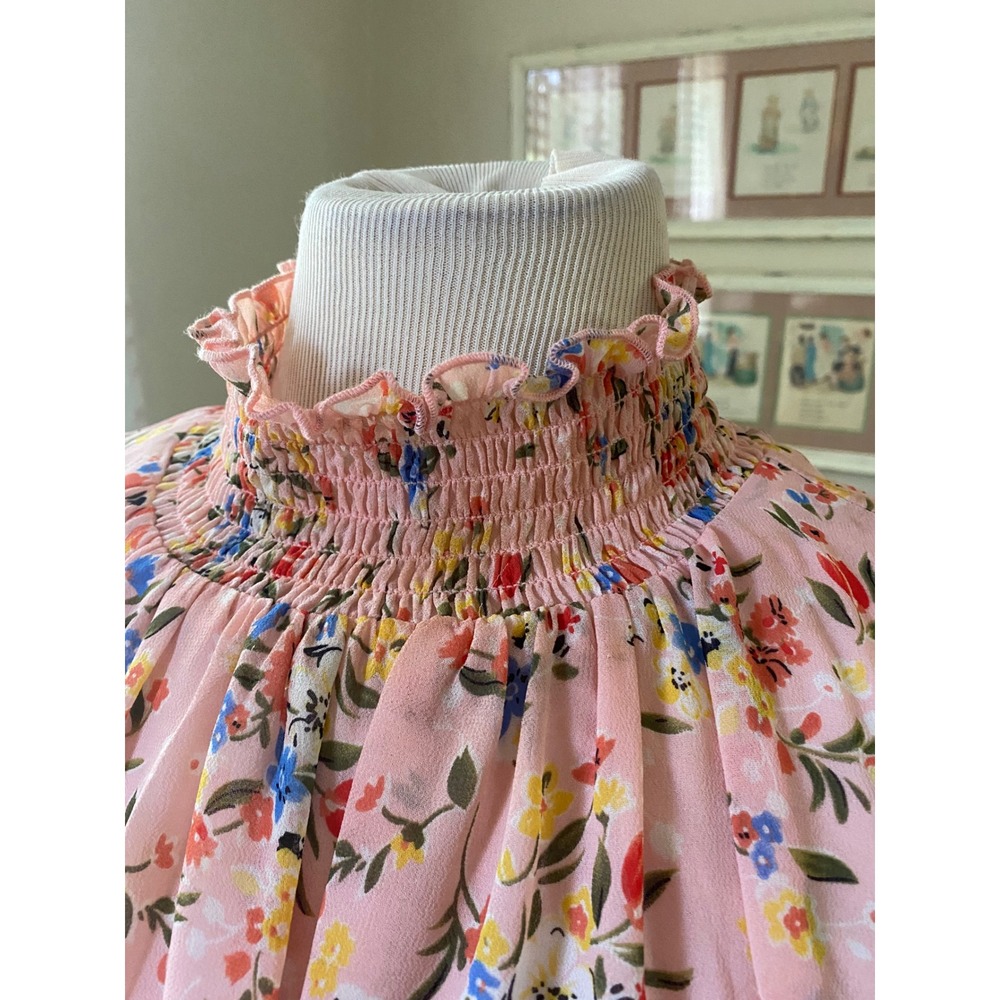 CODE X MODE Pink Floral Smocked High Neck Flutter Sleeve Shift dress XS Mini - Picture 3 of 9